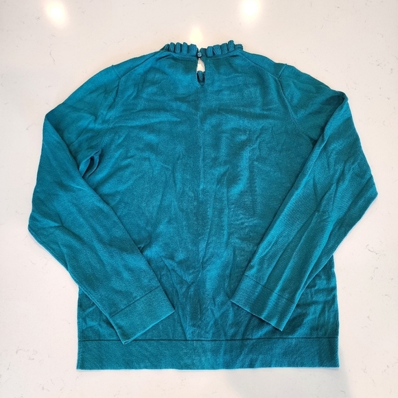 J. Crew 100% Cotton Sweater Teal Ruffle Neck Women's Medium M Keyhole Back EUC - Picture 2 of 9